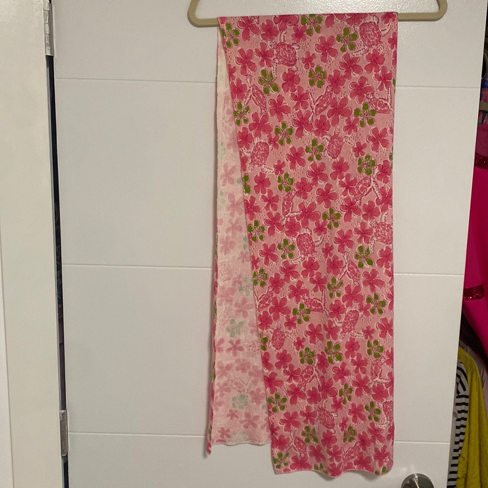 Lilly Pulitzer Knit Scarf.  Floral pink and green with Turtles
